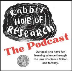 Logo for Rabbit Hole of Research the Podcast. The letters of the title are on top of a swirling black vortex. There is a sub-title: "Our goal is to have fun learning about science through the lens of science fiction and fantasy. There is also a QR-code that will direct you to the podcast site.